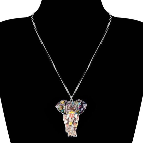 Women's Brown Jungle Safari Wild Enamel Pendant Lightweight Elephant Necklace - Picture 2 of 6